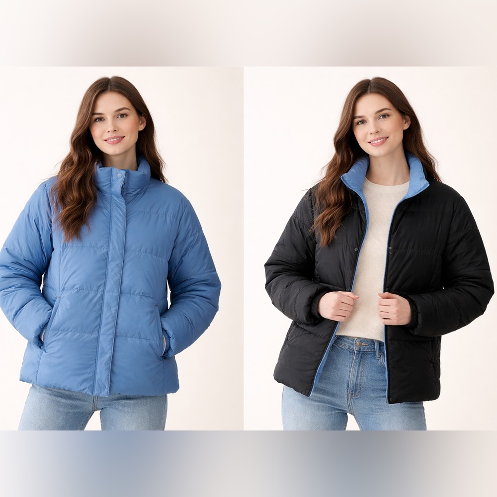 Lands End Vintage Black & Blue Reversible Quilted Down Puffer Jacket Sz. S‎